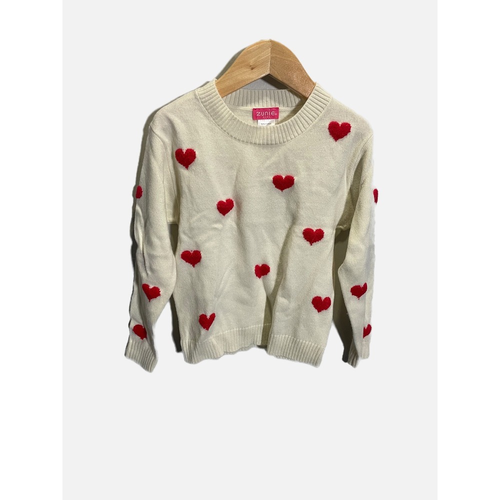 Zunie Girl Sweater Kids XS 4/5 Cream Red Heart Knit Pullover Valentine Sweet
